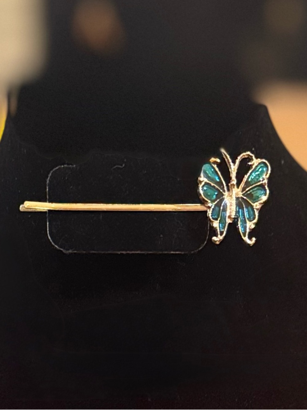 Vintage 1980s Gold Tone & Teal Enamel Butterfly Hair Pin—Must See!